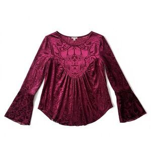 ULTRA PINK Fairy Top Burnout Velvet Floral Blouse Flare Sleeve Burgundy Size L